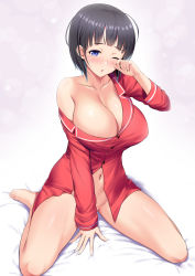 Rule 34 | 1girl, ;o, areola slip, bare legs, barefoot, bed sheet, black hair, blue eyes, blush, bottomless, breasts, buttons, cleavage, closed eyes, collarbone, groin, highres, kawase seiki, kirigaya suguha, large breasts, long sleeves, looking at viewer, navel, no bra, no panties, no pants, one eye closed, open clothes, open mouth, open shirt, revision, rubbing eyes, shirt, short hair, simple background, sitting, sleepy, solo, sword art online, tears, toes, waking up, white background