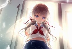 Rule 34 | 1girl, arm behind back, backlighting, black hair, blue eyes, blue skirt, blurry, blush, closed mouth, depth of field, from below, giuniu, hair between eyes, hair ribbon, long hair, looking at viewer, low twintails, midriff peek, navel, original, pleated skirt, red ribbon, ribbon, short sleeves, skirt, smile, solo, standing, train interior, twintails