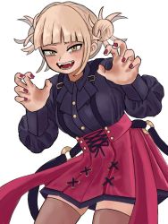 Rule 34 | 1girl, blonde hair, blush, boku no hero academia, breasts, double bun, fangs, hair bun, jockstrap, kneehighs, large breasts, looking at viewer, male underwear, messy hair, nail polish, red nails, simple background, skirt, smile, socks, solo, teeth, thighhighs, toga himiko, underwear, user wnfw8753, white background, yellow eyes