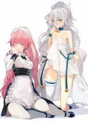 Rule 34 | 2girls, alternate costume, apron, chinese commentary, commentary request, dress, girls&#039; frontline, highres, maid, maid apron, maid headdress, multiple girls, ntw-20 (girls&#039; frontline), ntw-20 (the aristocrat experience) (girls&#039; frontline), official alternate costume, pantyhose, pink eyes, pink hair, pkp (girls&#039; frontline), pkp (silver star) (girls&#039; frontline), pupps, shoes, silver hair, sleeveless, sleeveless dress, strapless, strapless dress, thighhighs, wedding dress, white background, white dress, white legwear, yellow eyes