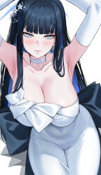 Rule 34 | 1girl, armpits, black hair, blue archive, blue eyes, blue hair, blue halo, blush, breasts, choker, cleavage, closed mouth, colored inner hair, commentary, commentary request, deras, dress, earrings, elbow gloves, english commentary, gloves, hair ornament, halo, highres, jewelry, large breasts, long hair, looking at viewer, mixed-language commentary, multicolored hair, official alternate costume, partial commentary, saori (blue archive), saori (dress) (blue archive), simple background, solo, strapless, strapless dress, white background, white choker, white dress, white gloves