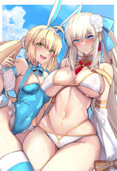 Rule 34 | 2girls, :d, animal ears, aqua one-piece swimsuit, areola slip, artoria caster (fate), artoria caster (swimsuit) (fate), artoria caster (swimsuit) (second ascension) (fate), artoria pendragon (fate), bikini, blonde hair, blush, breasts, commentary request, day, fake animal ears, fate/grand order, fate (series), green eyes, hair ornament, highres, large breasts, leotard, long hair, looking at viewer, morgan le fay (water princess) (fate), multiple girls, navel, one-piece swimsuit, open mouth, outdoors, rabbit ears, smile, stomach, swimsuit, thighs, twintails, underboob, untue, white bikini, white hair