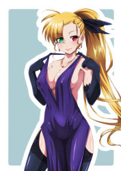 Rule 34 | 1girl, blonde hair, blue dress, blue thighhighs, blush, breasts, cleavage, closed mouth, collarbone, dress, elbow gloves, garter straps, gloves, hair ribbon, heterochromia, highres, jewelry, large breasts, long hair, looking at viewer, lyrical nanoha, mahou shoujo lyrical nanoha strikers, mahou shoujo lyrical nanoha vivid, necklace, no bra, ribbon, simple background, solo, tappa (esperanza), thighhighs, vivio