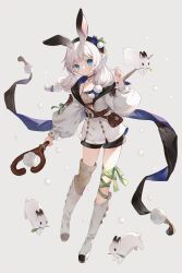 Rule 34 | 1girl, animal ears, bag, blue eyes, boots, choker, closed mouth, eyebrows hidden by hair, full body, hat, highres, holding, holding staff, jewelry, long hair, long sleeves, looking at viewer, necklace, original, rabbit, rabbit ears, shorts, shoulder bag, single thighhigh, staff, standing, thighhighs, white hair, wizard, yuyuhi fine