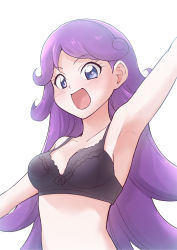 Rule 34 | 1girl, arm up, armpits, black bra, blue eyes, blush, bra, breasts, collarbone, highres, kiratto pri chan, long hair, ogry ching, open mouth, parted bangs, pretty series, purple hair, shido mel, simple background, small breasts, solo, straight hair, underwear, underwear only, upper body, very long hair, white background