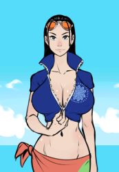 Rule 34 | animated, animated gif, black hair, blue eyes, grabbing another&#039;s breast, breasts, breasts apart, cleavage, commission, day, grabbing, grabbing own breast, high collar, huge breasts, long hair, nico robin, nipples, no bra, one piece, one piece: strong world, sequential, solo, standing, tagme