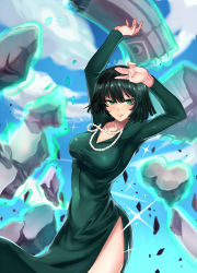 Rule 34 | 1girl, arms up, black hair, breasts, edboy, fubuki (one-punch man), green eyes, highres, jewelry, large breasts, lips, long sleeves, looking at viewer, necklace, one-punch man, parted lips, short hair, solo, telekinesis