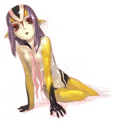 Rule 34 | 1girl, ao no roku-gou, colored skin, fangs, flat chest, long hair, monster girl, multicolored skin, mutio, nipples, nude, open mouth, pointy ears, purple hair, red eyes, simple background, sitting, solo, water, wet, white skin, yellow skin