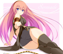 Rule 34 | 1girl, absurdres, arm support, ass, back, bad id, bad pixiv id, bare shoulders, black panties, blue eyes, clothes lift, highres, long hair, looking at viewer, lying, megurine luka, on side, panties, pink hair, skirt, skirt lift, smile, solo, thighs, underwear, upskirt, very long hair, violetshit, vocaloid