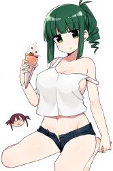 Rule 34 | 2girls, :o, bare arms, bare legs, bare shoulders, barefoot, blue shorts, blush, breasts, cleavage, collarbone, crop top, curly hair, food, green eyes, green hair, groin, hand up, head tilt, holding, holding food, ice cream, large breasts, long hair, looking at viewer, micro shorts, midriff, multiple girls, navel, o o, open fly, open mouth, parted lips, ponytail, purple hair, saki (manga), shirt, shisoneri, short twintails, shorts, sideboob, sidelocks, simple background, sitting, stomach, strap slip, takimi haru, tank top, thighs, twintails, usuzumi hatsumi, wariza, white background, white shirt