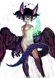 Rule 34 | 1girl, belly, black hair, claws, demon girl, jonpei, nude, pointy ears, short hair, smile, solo, tail, wings, yellow eyes