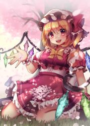 Rule 34 | 1girl, :d, \||/, adapted costume, alternate neckwear, ascot, blonde hair, blush, bow, bowtie, cherry blossoms, eyes visible through hair, flandre scarlet, frills, hat, highres, looking at viewer, mob cap, momoyama riyo, nail polish, open mouth, petals, puffy short sleeves, puffy sleeves, red eyes, red ribbon, red skirt, red vest, ribbon, shirt, short sleeves, sitting, skirt, skirt set, smile, solo, teeth, touhou, upper teeth only, vest, wariza, wings, wrist cuffs, yellow bow, yellow bowtie