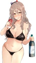 Rule 34 | 1girl, bad id, bad twitter id, bikini, black bikini, bottle, breasts, brown eyes, cleavage, cowboy shot, cup, drinking glass, grey hair, hat, highres, kantai collection, large breasts, long hair, looking at viewer, mini hat, miyako (rgrayt), pola (kancolle), simple background, solo, swimsuit, thick eyebrows, thigh gap, tilted headwear, wavy hair, white background, wine bottle, wine glass