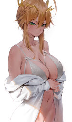 Rule 34 | 1girl, absurdres, artoria pendragon (fate), artoria pendragon (lancer) (fate), blonde hair, blush, bottomless, bra, braid, breasts, cleavage, clothes pull, collarbone, crown, dated commentary, fate/grand order, fate (series), green eyes, groin, hair between eyes, highres, large breasts, looking at viewer, navel, open clothes, open shirt, out-of-frame censoring, rororo, shirt, shirt pull, sidelocks, simple background, solo, stomach, underwear, upper body, white background, white bra, white shirt