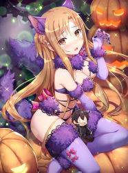 Rule 34 | 1girl, animal ear fluff, animal ears, asuna (sao), bare shoulders, bikini, black nails, blue gloves, blurry, blurry background, blush, bow, braid, breasts, brown eyes, character doll, claw pose, cleavage, commentary request, cosplay, depth of field, elbow gloves, fate/grand order, fate (series), female focus, fingernails, fur-trimmed gloves, fur-trimmed legwear, fur collar, fur trim, gabiran, gears, gloves, glowing, hand up, jack-o&#039;-lantern, kirito, lace, lace-trimmed legwear, lace trim, large breasts, light brown hair, long hair, mash kyrielight, mash kyrielight (dangerous beast), mash kyrielight (dangerous beast) (cosplay), matching hair/eyes, nail polish, nose blush, official alternate costume, open mouth, pink bow, purple bikini, purple gloves, purple thighhighs, revealing clothes, sidelocks, solo, swimsuit, sword art online, tail, thighhighs, very long hair, wolf ears, wolf girl, wolf tail
