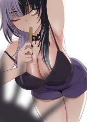 Rule 34 | 1girl, black camisole, black hair, black nails, blurry, blurry foreground, breasts, camisole, cleavage, grey hair, highres, hololive, hololive english, large breasts, leaning forward, multicolored hair, one eye closed, popsicle stick, redi (rasec asdjh), shiori novella, shorts, split-color hair, sweat, virtual youtuber, white background, yellow eyes, yorick (shiori novella)