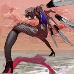 Rule 34 | 1girl, bad id, bad pixiv id, cloud, embodiment of scarlet devil, female focus, foreshortening, frills, from below, high heels, izayoi sakuya, knife, looking back, outdoors, perspective, red eyes, red sky, shadow, shoes, silver hair, sky, solo, thighhighs, throwing knife, touhou, weapon, youyou (yoyoyo)