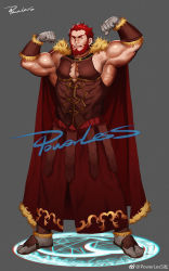 Rule 34 | 1boy, absurdres, ancient greek clothes, armor, armpits, bara, bare shoulders, beard, biceps, bracer, breastplate, cape, cleavage cutout, closed eyes, clothing cutout, commission, dark-skinned male, dark skin, facial hair, fate/grand order, fate/zero, fate (series), flexing, full body, fur-trimmed cape, fur trim, greco-roman clothes, highres, iskandar (fate), large pectorals, leather, male focus, mature male, muscular, muscular male, pectoral cleavage, pectorals, petrification, powerlesssong, red cape, red hair, short hair, sidepec, solo, watermark