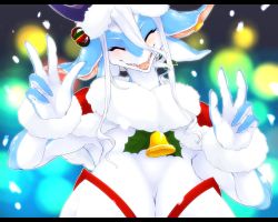 Rule 34 | 1girl, borrowed character, christmas, closed eyes, dragon, furry, furry female, highres, open mouth, smile, solo, tokumori kaisen, white hair