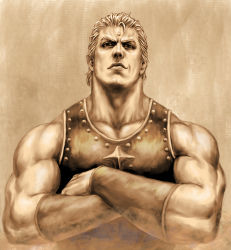 Rule 34 | 1boy, arm guards, armor, blonde hair, breastplate, closed mouth, commentary request, crossed arms, gladiator, hokuto no ken, lips, looking at viewer, muscular, muscular male, sepia, sepia background, short hair, solo, souther, tall, tsunetarou (yasu), upper body
