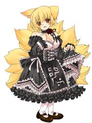 Rule 34 | 1girl, animal ears, bad id, bad pixiv id, bare shoulders, blonde hair, blush, breasts, choker, cleavage, detached sleeves, dress, female focus, fox ears, fox tail, frills, full body, gothic lolita, kitsune, kyuubi, lolita fashion, multiple tails, n-mix, short hair, simple background, solo, tail, touhou, white background, yakumo ran