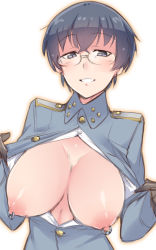 Rule 34 | 1girl, black eyes, black hair, breasts, commentary request, eini a lukkanen, em (totsuzen no hakike), glasses, gloves, jacket, large breasts, looking at viewer, military, military uniform, nipple piercing, nipple rings, nipples, open clothes, open jacket, piercing, short hair, smile, solo, strike witches: aurora no majo, uniform, upper body, white background, world witches series
