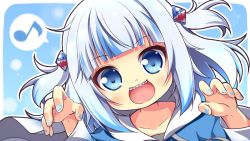 Rule 34 | :d, blue eyes, blue hair, blue hoodie, blue nails, collarbone, commentary request, drawstring, eighth note, gawr gura, hair ornament, hands up, highres, hololive, hololive english, hood, hood down, hoodie, kuwada yuuki, long hair, long sleeves, looking at viewer, multicolored hair, musical note, nail polish, open mouth, sharp teeth, smile, spoken musical note, streaked hair, teeth, two side up, upper body, virtual youtuber, wide sleeves