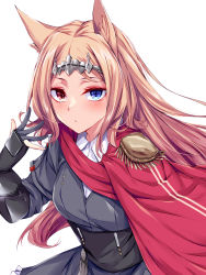 Rule 34 | 1girl, animal ears, archetto (arknights), arknights, black dress, blue eyes, breasts, cape, closed mouth, collared shirt, commentary request, dress, hand up, heterochromia, highres, light brown hair, looking at viewer, medium breasts, red cape, red eyes, shirt, solo, suterii, tiara, upper body, white background, white shirt