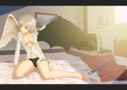 Rule 34 | 1girl, angel wings, asymmetrical wings, bad id, bad pixiv id, barefoot, bed, bed sheet, black panties, breasts, feathered wings, fireplace, holding, holding sword, holding weapon, kishin sagume, kujou natsume, legs, letterboxed, light, light particles, long sleeves, looking at viewer, no bra, panties, photo (object), red eyes, scabbard, sheath, shirt, short hair, silver hair, small breasts, smile, solo, sword, thighs, toes, touhou, underwear, weapon, wings