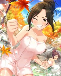 Rule 34 | 2girls, annindoufu (oicon), armpits, autumn leaves, back, bare shoulders, black hair, blush, breasts, brown hair, bubble, cleavage, clenched hands, closed eyes, unworn clothes, collarbone, day, eyelashes, fang, female focus, fighting pose, fighting stance, fingernails, from behind, green eyes, grin, hair bun, happy, highres, idolmaster, idolmaster cinderella girls, large breasts, leaves, legs, long hair, looking at viewer, mukai takumi, multiple girls, naked towel, namco, neck, no bra, official art, one eye closed, onsen, open mouth, outdoors, partially submerged, print towel, shiny skin, single hair bun, sky, smile, thighs, towel, water, wet, white towel, wink