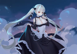 Rule 34 | 1girl, azur lane, bare shoulders, black ribbon, breasts, cleavage, clothes lift, cloud, cloudy sky, commentary, detached collar, dress, evening, formidable (azur lane), frilled dress, frills, gothic lolita, grey hair, hair ribbon, highres, large breasts, lifted by self, littleamber, lolita fashion, long hair, long sleeves, looking at viewer, outdoors, red eyes, ribbon, skirt, skirt hold, skirt lift, sky, standing, twintails, very long hair