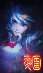 Rule 34 | 1girl, absurdres, angjooyann, animal ears, blue eyes, blue hair, bow, bowtie, character name, closed mouth, eyelashes, floating hair, fox ears, fox girl, hair ornament, high collar, highres, joo yann ang, lips, long hair, looking at viewer, makeup, mascara, nose, original, pink lips, red bow, red bowtie, shirt, sleeveless, sleeveless shirt, solo, swept bangs, upper body, white shirt, wind