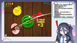 Rule 34 | !, 1girl, absurdly long hair, aris (blue archive), black hair, black hairband, blue archive, blue eyes, blue necktie, bright pupils, chat log, closed mouth, collared shirt, fruit ninja, hairband, highres, jacket, livestream, long hair, nako775, necktie, one side up, open clothes, open jacket, ringed eyes, shirt, solo, suika game, translation request, two-sided fabric, two-sided jacket, very long hair, white pupils, white shirt