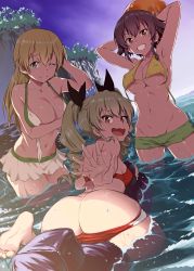 Rule 34 | 3girls, ;), absurdres, anchovy (girls und panzer), armpits, arms behind head, ass, barefoot, bikini, bikini pull, bikini shorts, bikini skirt, black hair, black ribbon, blonde hair, blush, braid, breasts, brown eyes, butt crack, carpaccio (girls und panzer), closed mouth, clothes pull, commentary request, covering privates, covering breasts, day, drill hair, dutch angle, female focus, from behind, girls und panzer, gluteal fold, green bikini, green eyes, green hair, grin, groin, hair ribbon, hand on own head, highres, inflatable torpedo, inflatable toy, inu (aerodog), large breasts, leaning forward, long hair, looking at viewer, medium breasts, mismatched bikini, multiple girls, navel, one eye closed, open bikini, open clothes, outdoors, pepperoni (girls und panzer), red bikini, red eyes, ribbon, short hair, shorts, side braid, sitting, smile, standing, straddling, swimming, swimsuit, twin drills, twintails, untied bikini, wading, wardrobe malfunction, water, wavy hair, wet, white bikini, yellow bikini