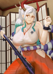 Rule 34 | 1girl, bare shoulders, breasts, closed mouth, club (weapon), drop earrings, earrings, gradient hair, grey hair, hakama, hands up, horns, huge breasts, indoors, japanese clothes, jewelry, long hair, looking to the side, multicolored hair, one piece, ponytail, rope, shimenawa, solo, teemu taiga, teeth, upper teeth only, weapon, white hair, yamato (one piece), yellow eyes