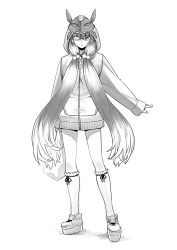 Rule 34 | 1girl, bag, commentary request, fate (series), glasses, gradient hair, greyscale, hair bobbles, hair ornament, hair over shoulder, hood, hood up, hoodie, kneehighs, long hair, low twintails, monochrome, multicolored hair, osakabehime (fate), platform footwear, puyo (puyotopia), socks, solo, twintails, very long hair