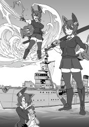 Rule 34 | 10s, 2girls, anchor, arms around neck, between breasts, boots, breasts, commentary request, dark skin, dark-skinned female, electricity, covered erect nipples, eyebrows, eyepatch, fangs, female admiral (kancolle), fingerless gloves, gloves, greyscale, height difference, hug, hug from behind, kantai collection, charm (object), knee boots, large breasts, looking at viewer, mikoyan, military, military vehicle, monochrome, multiple girls, necktie, over shoulder, sharp teeth, sheath, sheathed, ship, short hair, skirt, sleeves rolled up, smile, sword, sword over shoulder, tatsuta (kancolle), teeth, tenryuu (kancolle), tenryuu (light cruiser), thick eyebrows, thighhighs, uniform, warship, watercraft, waves, weapon, weapon over shoulder