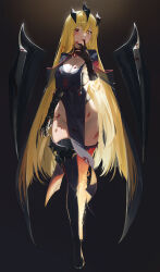 Rule 34 | 1girl, absurdres, black background, black dress, black gloves, black thighhighs, blonde hair, blood, breast curtain, breasts, cape, cleavage, covered navel, dress, fire, gloves, heterochromia, highres, horns, large breasts, licking, licking finger, long hair, looking at viewer, mismatched pupils, no panties, original, pelvic curtain, red eyes, see-through, shield, so shio, solo, thighhighs, thighs, very long hair, yellow eyes