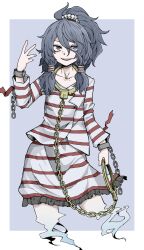 Rule 34 | 1girl, :d, absurdres, collarbone, cuffs, dress, eyebrows hidden by hair, fe (tetsu), flat chest, ghost tail, grey background, grey eyes, grey hair, hair between eyes, hand up, high ponytail, highres, holding, long hair, looking at viewer, miyadeguchi mizuchi, open mouth, prison clothes, shackles, sharp teeth, simple background, smile, solo, striped clothes, striped dress, teeth, touhou
