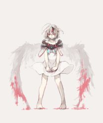 Rule 34 | 1girl, ahoge, albino, asuna (doruru-mon), bad id, bad pixiv id, barefoot, blood, bloody wings, crying, crying with eyes open, dress, feathered wings, grey background, highres, looking at viewer, multicolored hair, original, red eyes, short hair, tears, white hair, white wings, wings