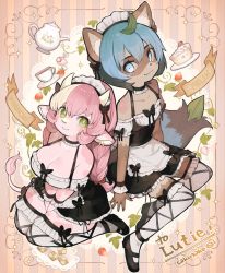 Rule 34 | 1boy, 1girl, animal ears, black footwear, blue eyes, blue hair, bob cut, borrowed character, braid, breasts, cake, character name, choker, cleavage, commission, cow ears, cup, dress, earrings, food, frills, fruit, furry, green hair, horns, jewelry, large breasts, leaf, looking at viewer, maid, original, raccoon ears, sakutake (ue3sayu), sitting, smile, strawberry, teacup, teapot, thighhighs, trap, twin braids, v arms, wariza, white thighhighs