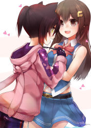 Rule 34 | 2girls, :d, animal ears, artist name, bad id, bad pixiv id, bare shoulders, belt, bike shorts, black hair, blue skirt, blue vest, blush, bow, bowtie, brown eyes, brown hair, cat ears, collared vest, commentary request, cowboy shot, eye contact, gloves, gradient hair, hair flaps, hair ornament, hairclip, hands up, heart, hex grid, highres, holding, hololive, hood, hood down, hoodie, long hair, long sleeves, looking at another, miniskirt, multicolored hair, multiple girls, open mouth, pink hoodie, pleated skirt, ponytail, profile, purple gloves, purple hair, purple shorts, red bow, red eyes, red hair, roboco-san, roboco-san (hoodie), short hair, shorts, sidelocks, signature, simple background, skirt, sleeves past wrists, smile, standing, tanyatonya, tareme, tokino sora, tokino sora (old design), vest, virtual youtuber, white background, wing collar, yellow eyes, yuri