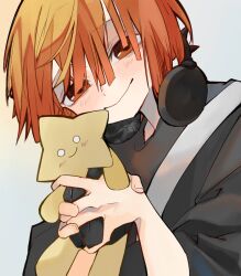 Rule 34 | 1boy, black shirt, frill inferno, headphones, headphones around neck, holding, holding stuffed toy, looking at viewer, male focus, medium hair, orange hair, otogami reijirou, pppppp, red eyes, shirt, simple background, smile, solo, stuffed toy