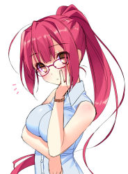 Rule 34 | 1girl, blouse, brown eyes, glasses, hand on own cheek, hand on own face, head rest, long hair, original, piyodera mucha, ponytail, purple hair, shirt, simple background, sleeveless, sleeveless shirt, solo, very long hair, white background