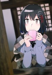 Rule 34 | 1girl, black hair, blanket, blush, brown eyes, buttons, closed mouth, cup, from outside, grey sweater, haguro (kancolle), hair between eyes, hair ornament, holding, holding cup, indoors, kantai collection, long sleeves, mug, rokugou (tokiwa rokugou), solo, sweater, upper body, window