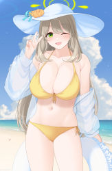 Rule 34 | 1girl, ;d, beach, bikini, blue archive, blue sky, blush, breasts, brown hair, cloud, collarbone, crab, day, fingernails, flower hat, green eyes, halo, hand up, hat, highres, holding, large breasts, long hair, looking at viewer, momoiro lettuce, navel, nonomi (blue archive), ocean, one eye closed, open mouth, sky, smile, solo, standing, swimsuit, thighs, twitter username, v, white hat, yellow bikini