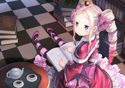 Rule 34 | &gt;:t, 10s, 1girl, :t, beatrice (re:zero), blonde hair, blue eyes, blush, book, book stack, bookshelf, bow, bug, butterfly, butterfly-shaped pupils, capelet, checkered floor, closed mouth, crown, cup, dress, drill hair, eyelashes, feihong, floor, frilled dress, frilled ribbon, frilled sleeves, frills, from above, from behind, fur trim, gradient hair, hair ribbon, indoors, insect, library, long hair, long sleeves, looking at viewer, looking back, mini crown, multicolored hair, open book, pantyhose, parted bangs, pink bow, pink footwear, pink hair, pink ribbon, pout, re:zero kara hajimeru isekai seikatsu, ribbon, saucer, shoes, sitting, solo, striped clothes, striped pantyhose, symbol-shaped pupils, table, tea set, teacup, teapot, tray, twin drills, twintails, v-shaped eyebrows, wide sleeves, wooden table