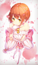 Rule 34 | 10s, 1girl, bare shoulders, blush, dress, earrings, gloves, hoshizora rin, jewelry, love live!, love live! school idol project, love wing bell, nuira, orange hair, petals, short hair, solo, thighhighs, white dress, white gloves, white thighhighs, yellow eyes