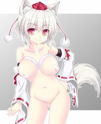 Rule 34 | 1girl, albino, animal ears, areola slip, blush, breasts, breasts apart, contrapposto, covered erect nipples, cowboy shot, detached sleeves, fur trim, gradient background, gradient eyes, grey background, hand on own hip, hat, highres, holding, inubashiri momiji, large breasts, light smile, multicolored eyes, navel, nipples, noveske n4, nude, outline, pasties, puffy nipples, pussy, red eyes, ribbon-trimmed sleeves, ribbon trim, shiny skin, short hair, silver hair, smile, solo, standing, tail, tape, tokin hat, touhou, uncensored, wide sleeves, wolf ears, wolf tail, yellow eyes, you&#039;re doing it wrong