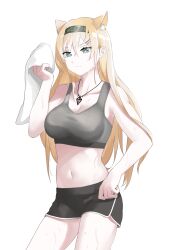 Rule 34 | 1girl, absurdres, animal ear fluff, animal ears, arknights, bare arms, bare shoulders, black hairband, black shorts, blonde hair, breasts, cleavage, commentary, cowboy shot, crop top, grey eyes, hair between eyes, hairband, hand up, highres, holding, holding towel, horn (arknights), jewelry, large breasts, long hair, midriff, navel, neti (cpu11151), pendant, short shorts, shorts, simple background, solo, sports bra, standing, stomach, thighs, towel, very long hair, white background, wolf ears